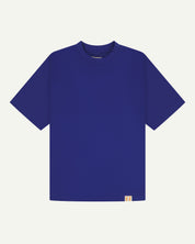 Front flat view of striking ultra blue organic cotton #7008 oversized jersey T-shirt by Uskees against white background.