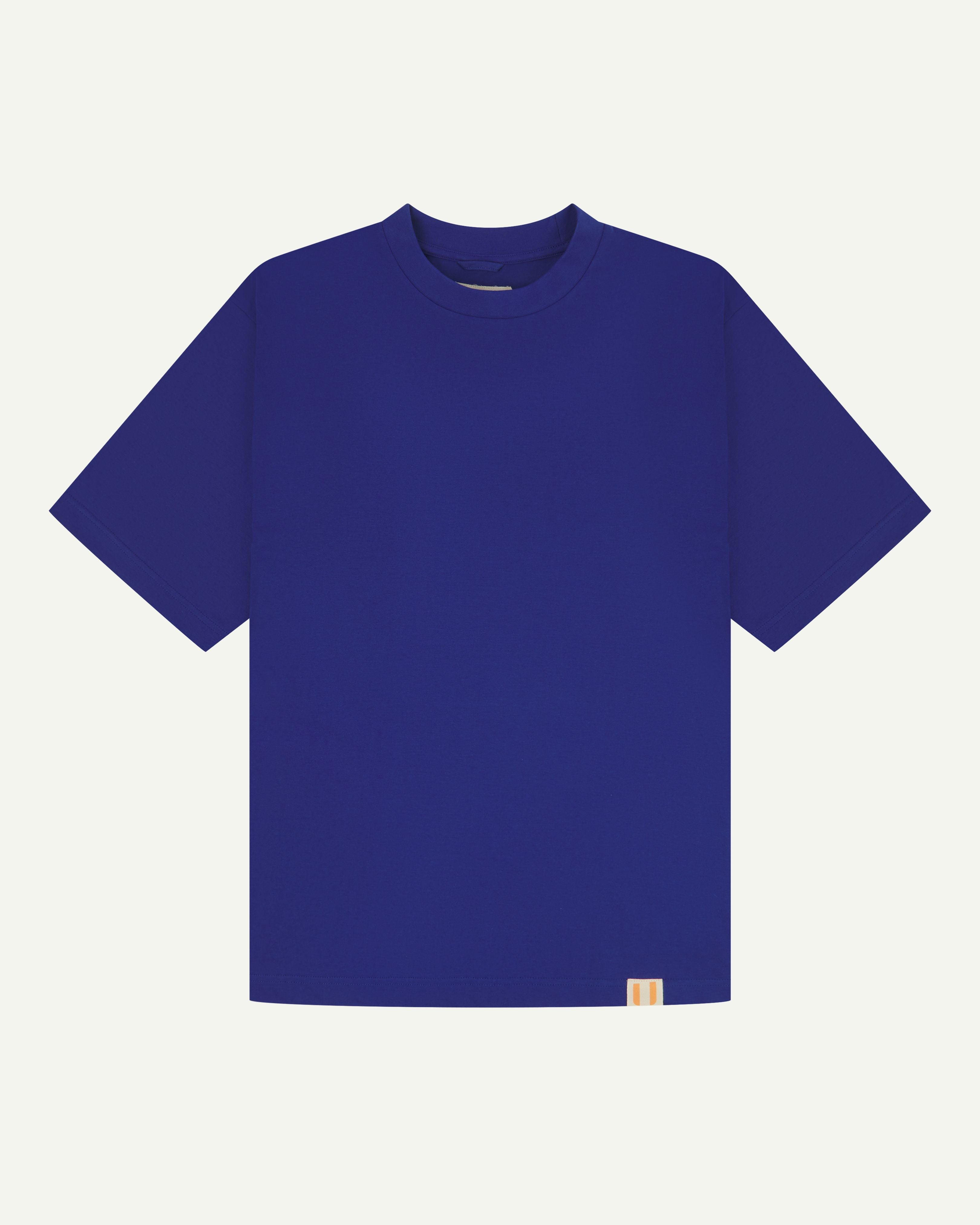 Front flat view of striking ultra blue organic cotton #7008 oversized jersey T-shirt by Uskees against white background.