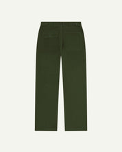 Flat back shot of Uskees #5005 cord workwear pants in coriander green showing back pockets, belt loops and adjutable waist.