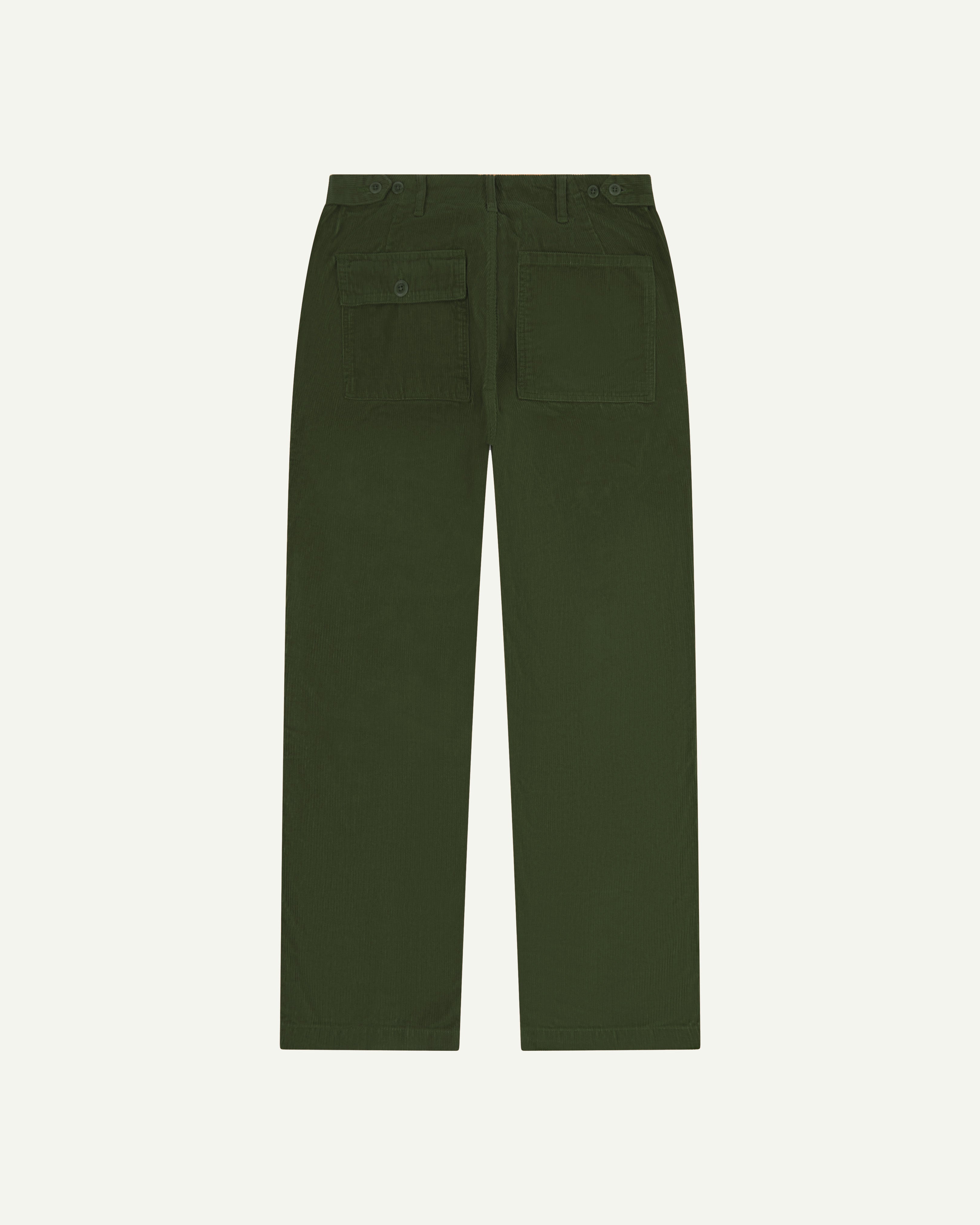 Flat back shot of Uskees #5005 cord workwear pants in coriander green showing back pockets, belt loops and adjutable waist.