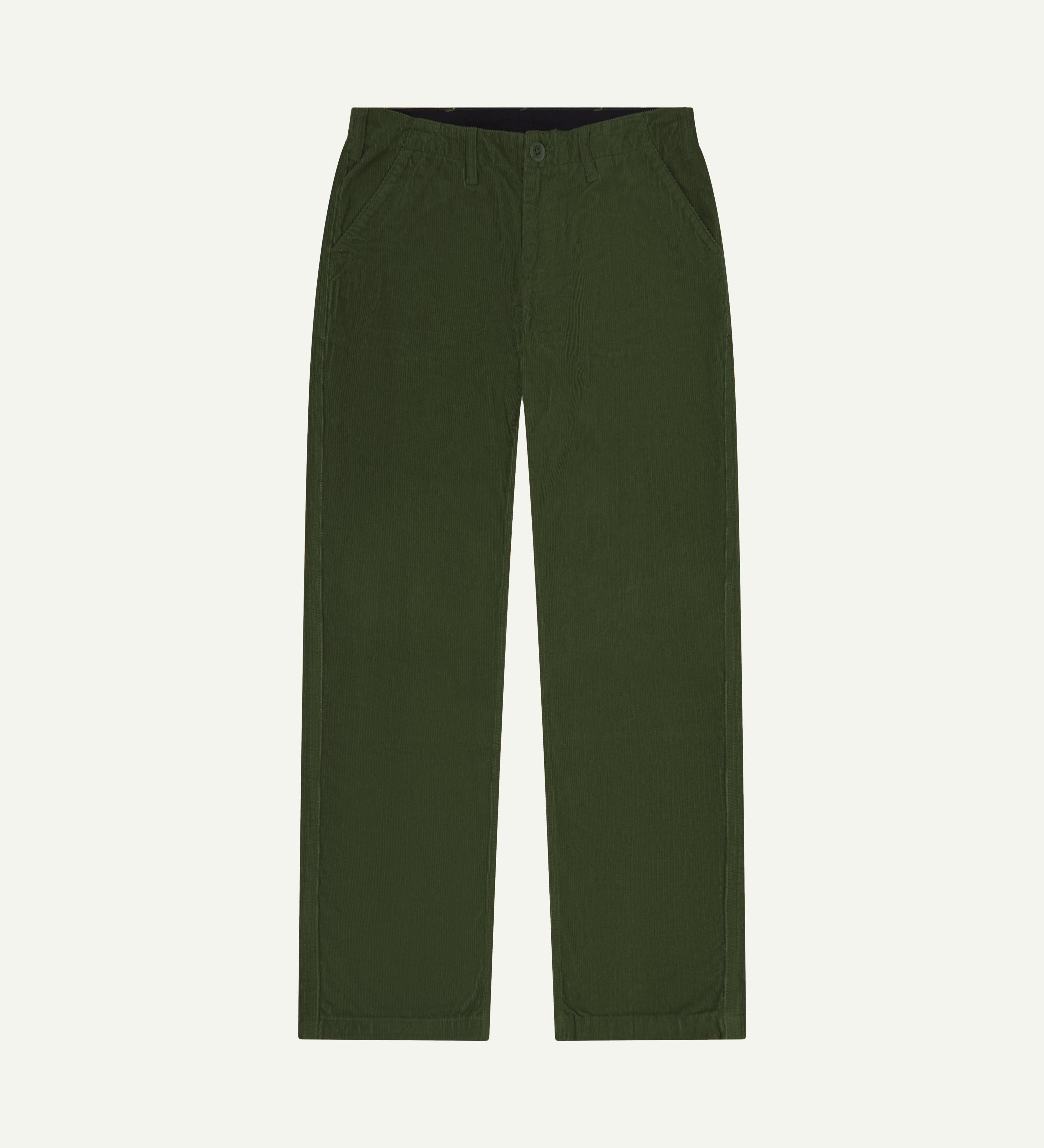 Front flat shot of Uskees #5005 cord workwear pants in coriander green.