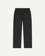 Full length back-view of black cotton 5005 trousers with view of rear pockets, belt loops and tapered leg fit.