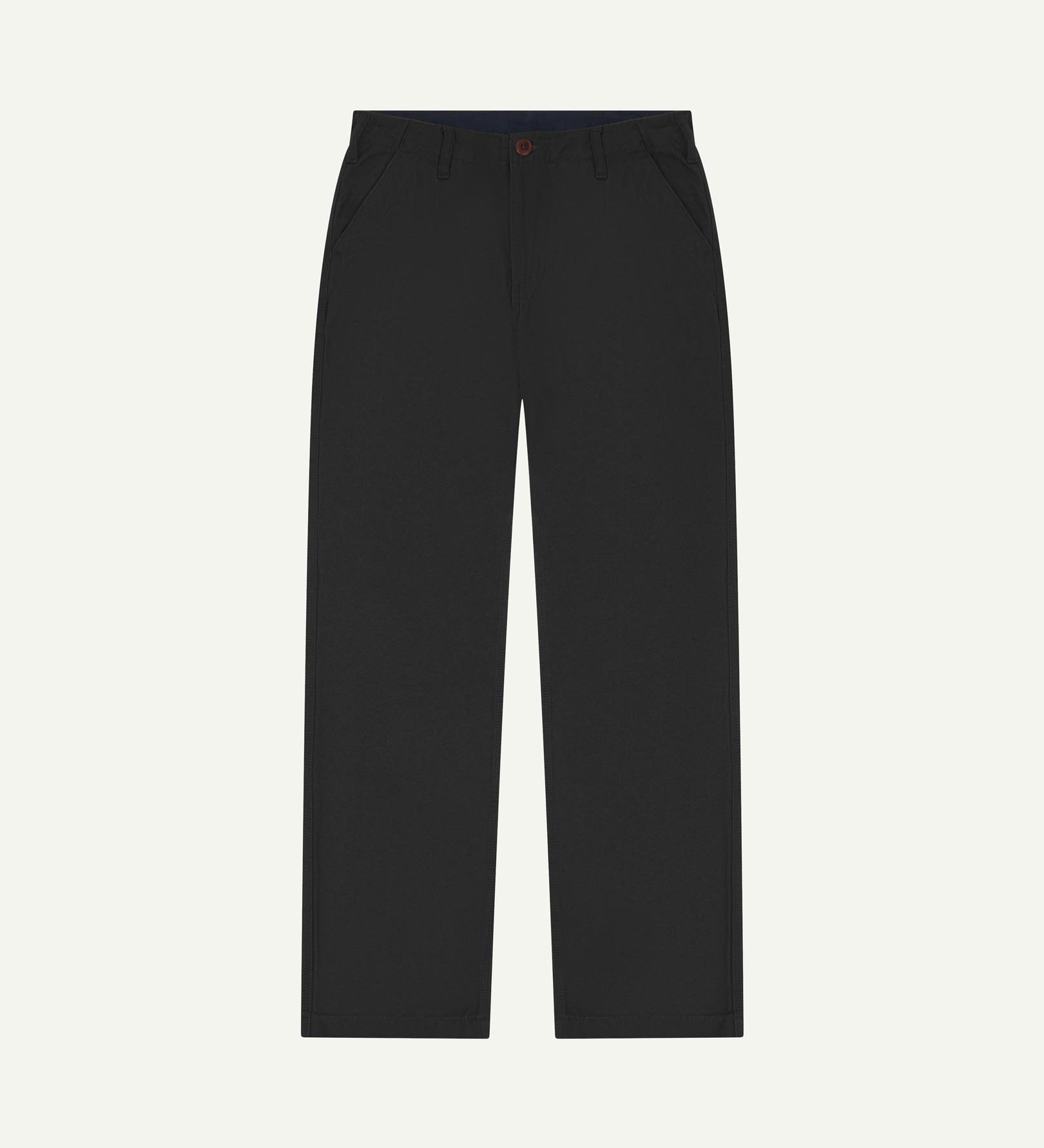 Front flat view of 5005 Uskees men's organic cotton black casual trousers with view of YKK zip fly and Corozo buttons.