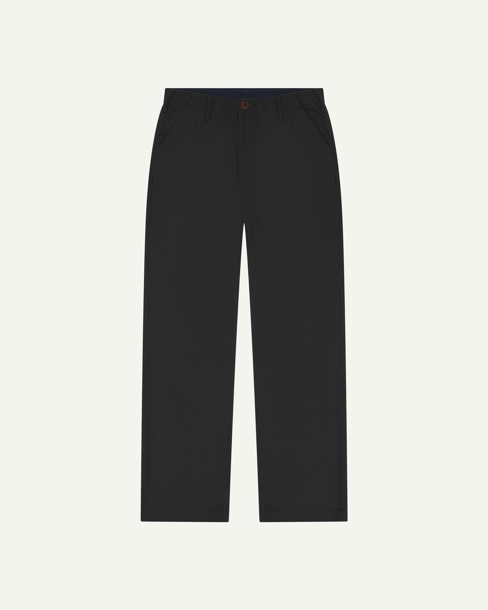 Front flat view of 5005 Uskees men's organic cotton black casual trousers with view of YKK zip fly and Corozo buttons.