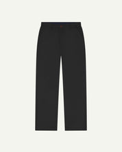 Front flat view of 5005 Uskees men's organic cotton black casual trousers with view of YKK zip fly and Corozo buttons.