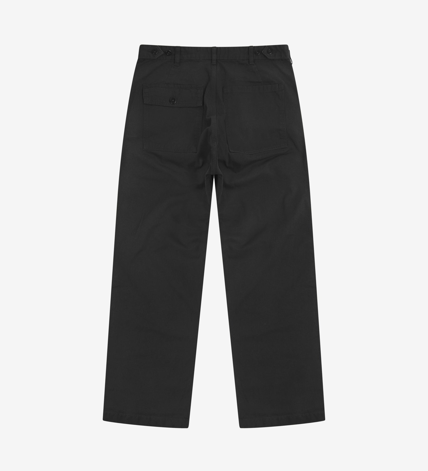 Full-length back view of Uskees 5005 twill workwear pants in black showing belt loops, back pockets (one with flap) and simple silhouette.