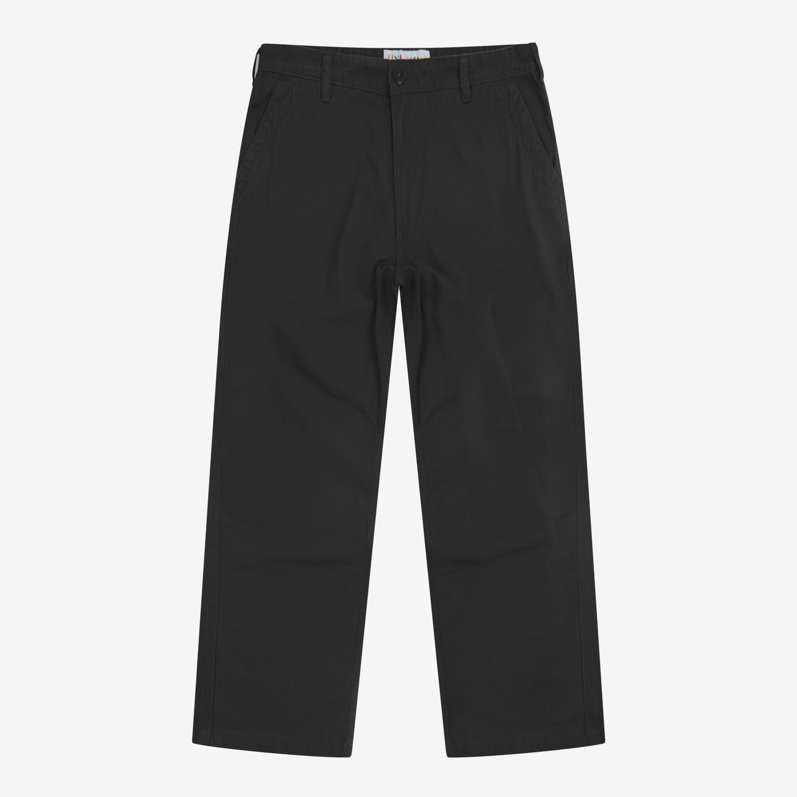 Full-length front view of Uskees twill workwear pants in black. Showing Corozo button fastening and tapered leg fit.