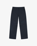 Full-length front view of Uskees drill workwear pants in blueberry. Showing Corozo button fastening and tapered leg fit.