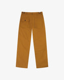 Reverse view of a pair of Uskees drill trousers in a warm mustard yellow showing the belt loops, waist adjuster buttons and back pockets.