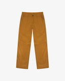 Front view of a pair of Uskees drill trousers in a warm mustard yellow , shown flat against a light gray background.