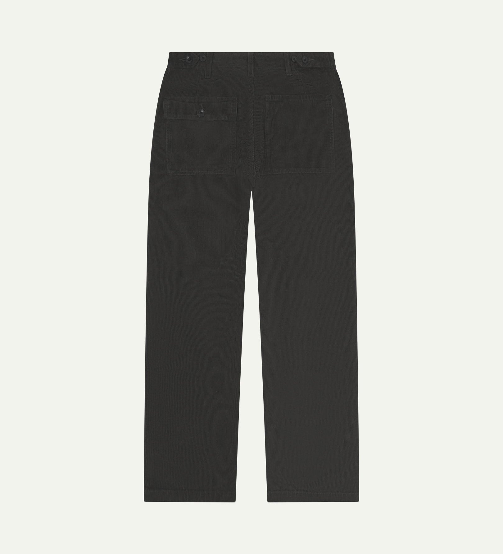 Full length back-view of charcoal-grey corduroy 5005 trousers with view of rear pockets, belt loops and flattering straight leg fit.