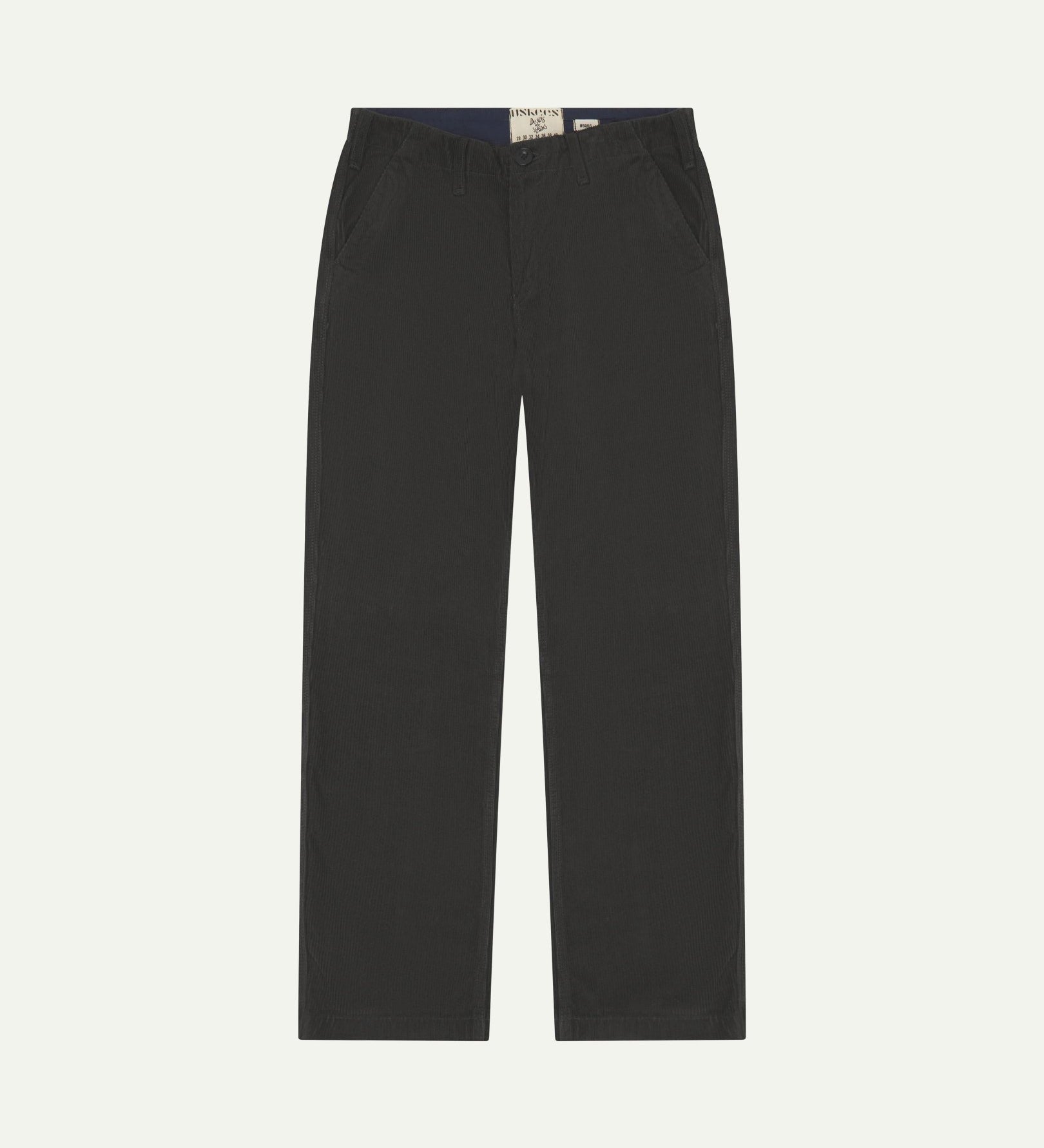 Front flat view of 5005 Uskees men's organic corduroy charcoal-grey workwear pants with view of YKK zip fly and Corozo buttons.