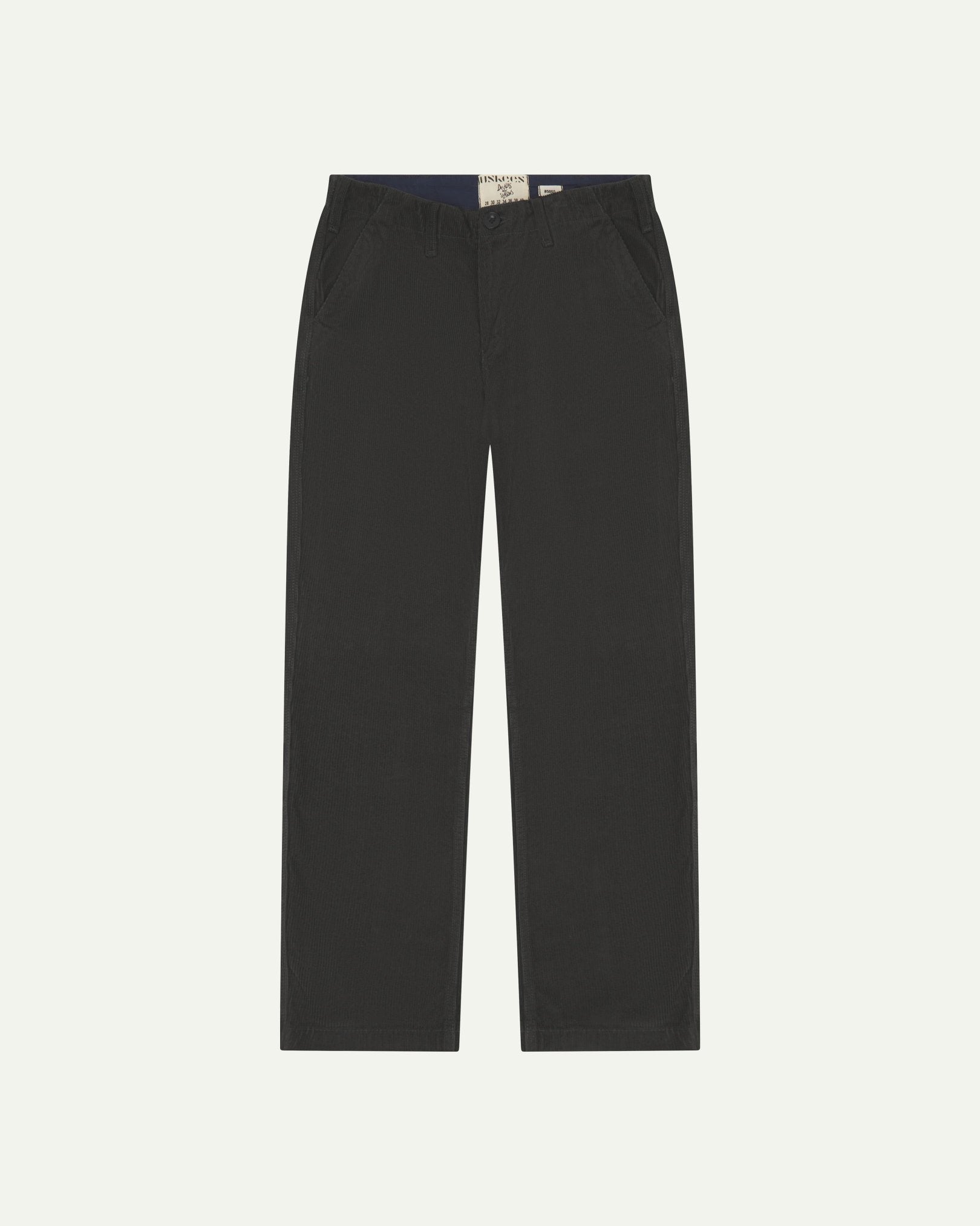 Front flat view of 5005 Uskees men's organic corduroy charcoal-grey workwear pants with view of YKK zip fly and Corozo buttons.