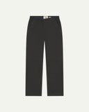 Front flat view of 5005 Uskees men's organic corduroy charcoal-grey workwear pants with view of YKK zip fly and Corozo buttons.