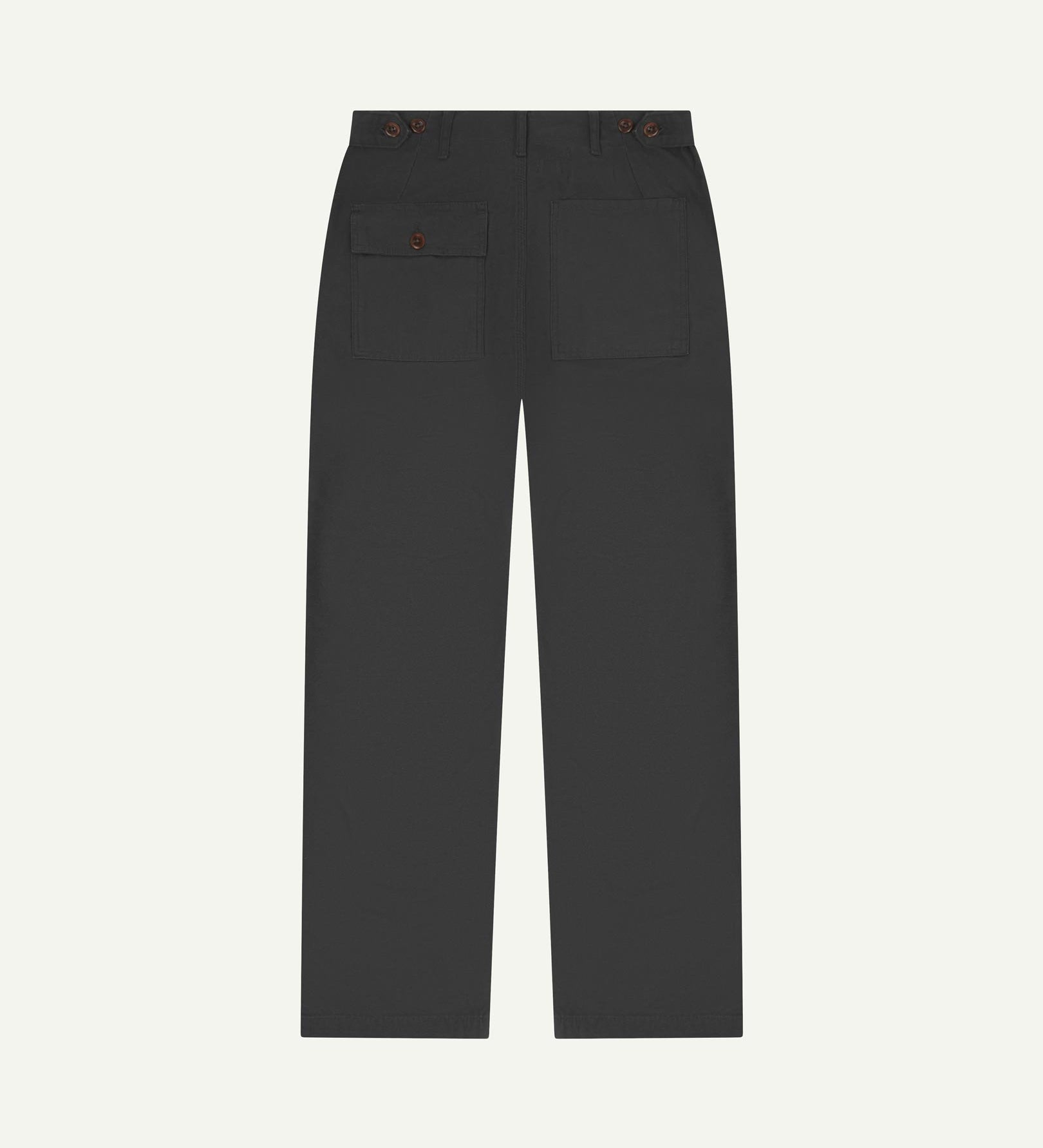 Full length back-view of charcoal-grey cotton 5005 trousers with view of rear pockets, belt loops and tapered leg fit.