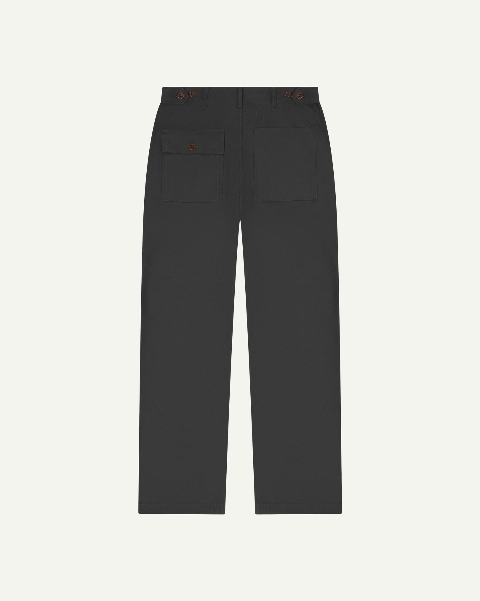 Full length back-view of charcoal-grey cotton 5005 trousers with view of rear pockets, belt loops and tapered leg fit.