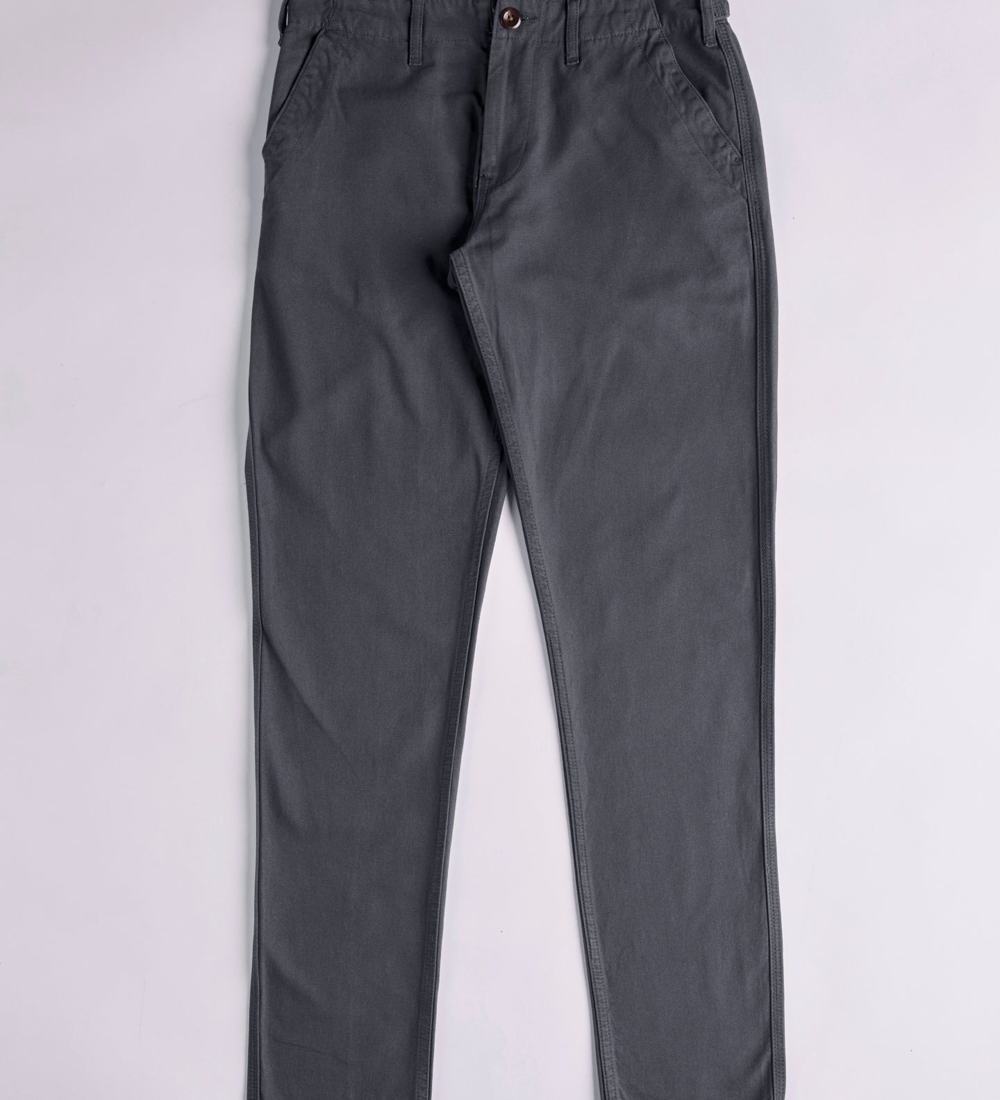 Front flat view of 5005 Uskees men's organic cotton charcoal-grey casual trousers showing flattering tapered leg fit. Discontinued colour.