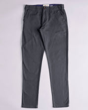 Front flat view of 5005 Uskees men's organic cotton charcoal-grey casual trousers showing flattering tapered leg fit. Discontinued colour.