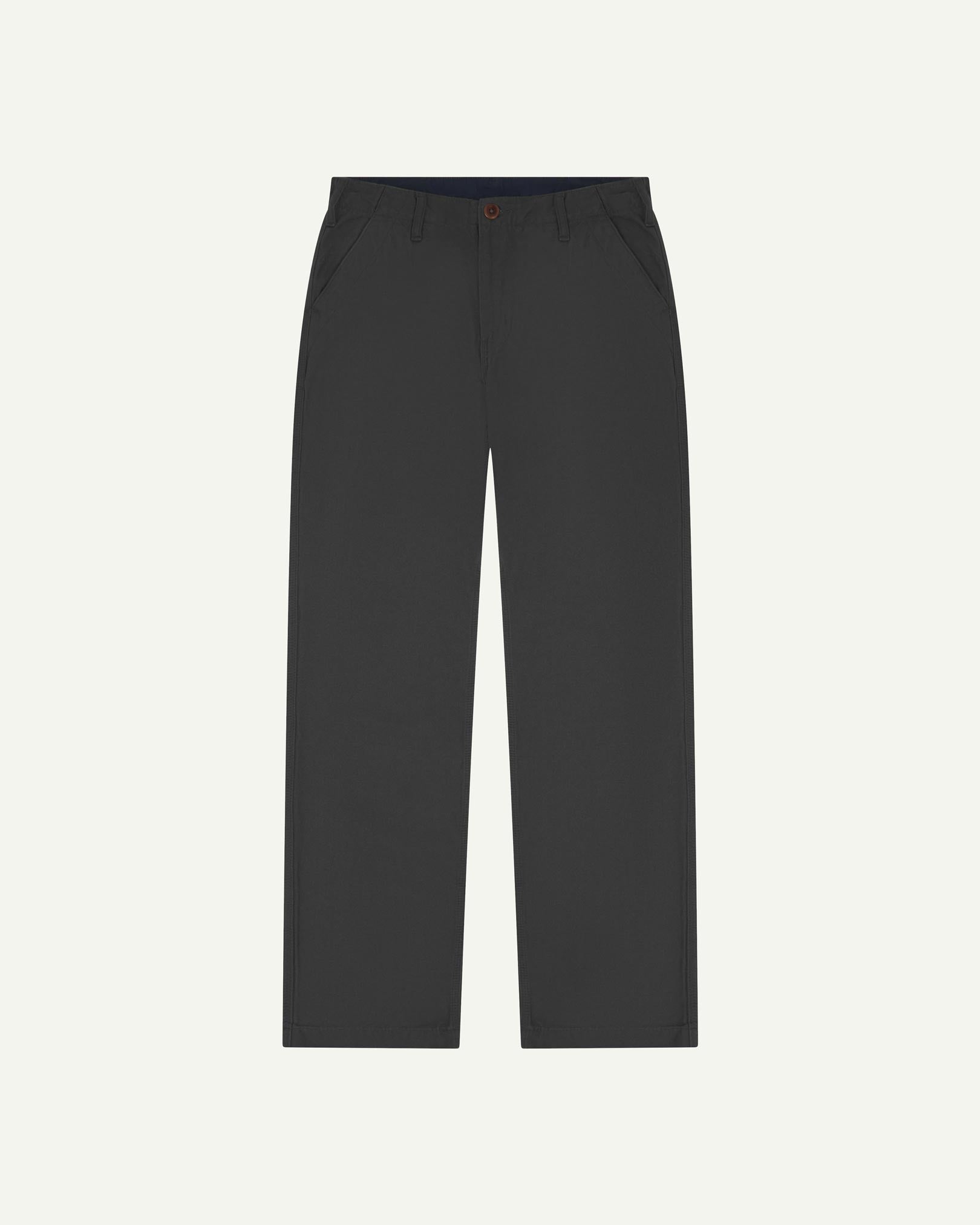 Front flat view of 5005 Uskees men's organic cotton charcoal-grey casual trousers with view of YKK zip fly and Corozo buttons.