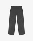 Full-length front view of Uskees drill workwear pants in charcoal-grey. Showing Corozo button fastening and tapered leg fit.