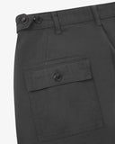 Close up back shot of Uskees 5005 drill workwear pants in charcoal-grey with focus on back pocket, adjustable waistband secured with Corozo button and belt loops.