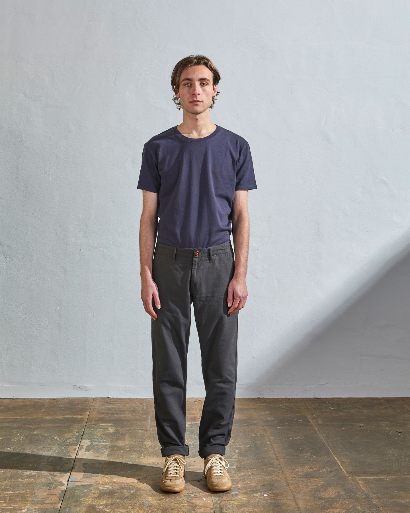 Flat view of #5005 Uskees men's organic cotton 'charcoal' coloured cargo trousers on white background.