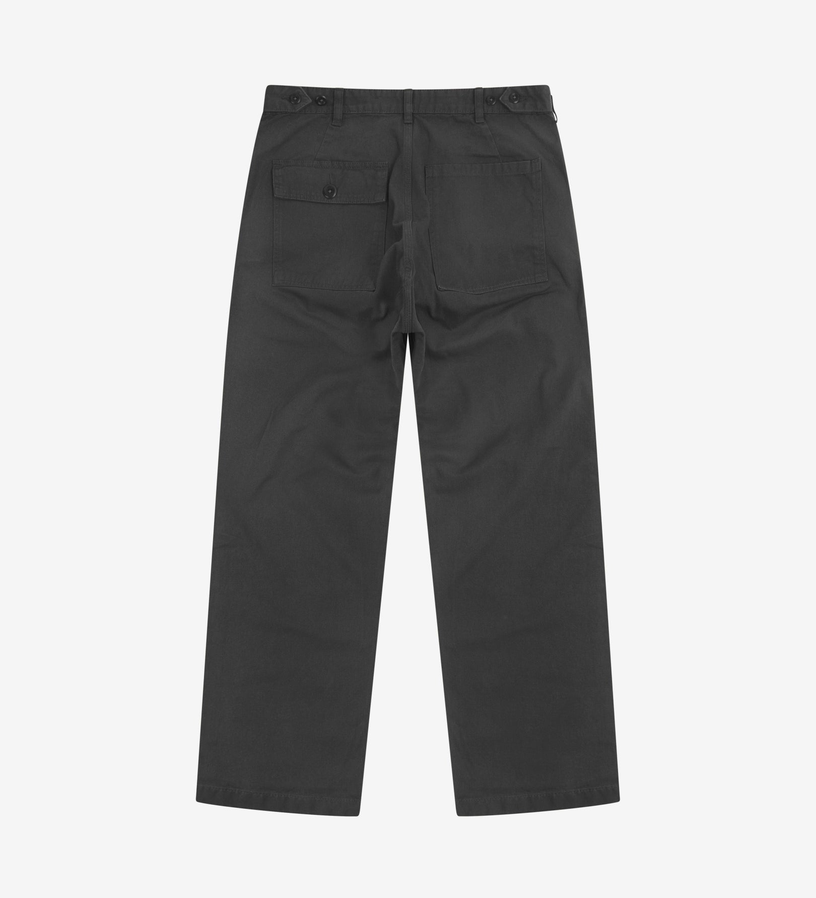 Full-length back view of Uskees 5005 twill workwear pants in charcoal-grey showing belt loops, back pockets (one with flap) and simple silhouette.