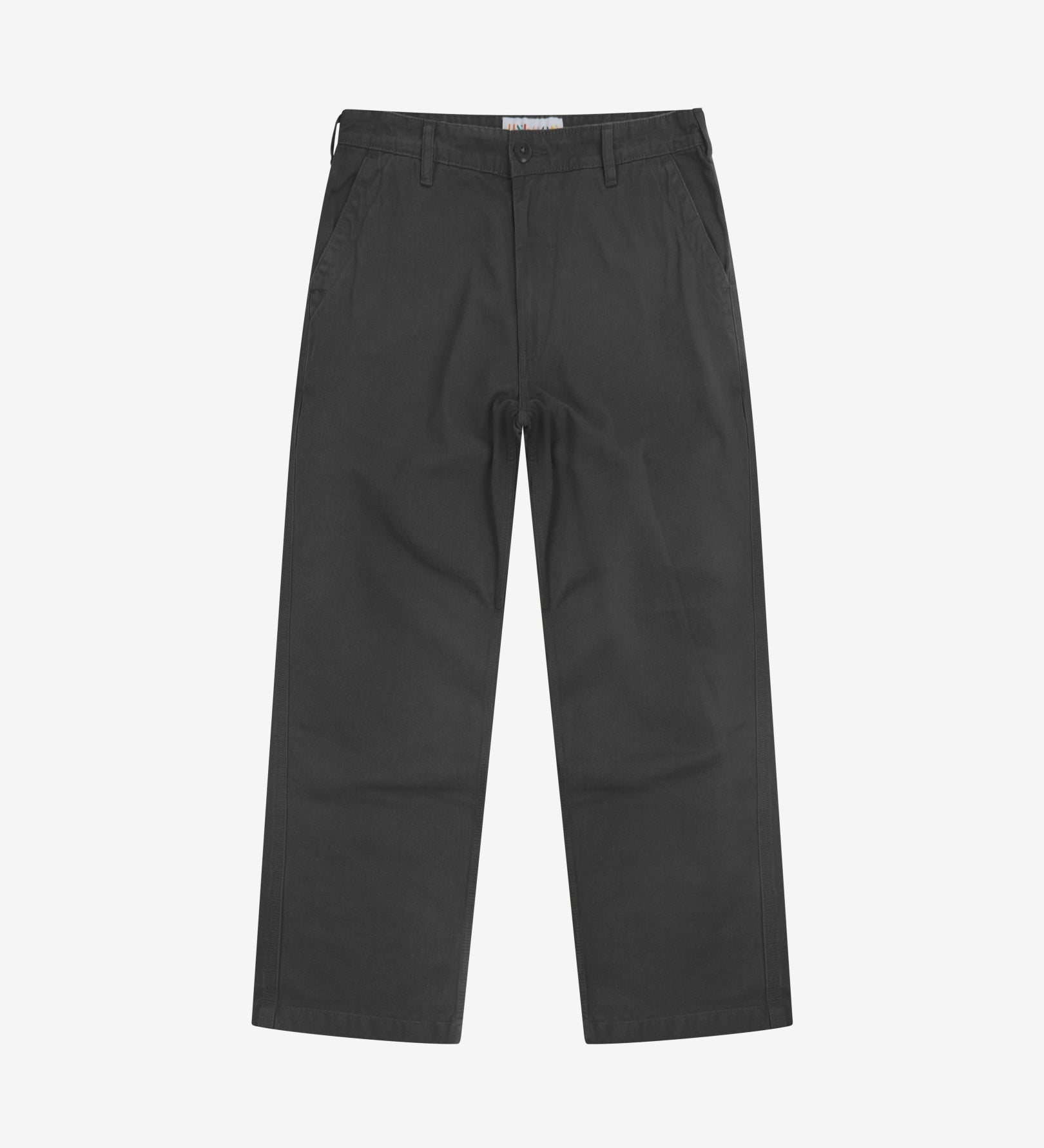 Full-length front view of Uskees twill workwear pants in charcoal-grey. Showing Corozo button fastening and tapered leg fit.