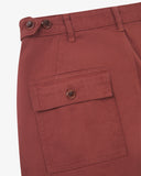 Close up back shot of Uskees 5005 drill workwear pants in chestnut-brown with focus on back pocket, adjustable waistband secured with Corozo button and belt loops.