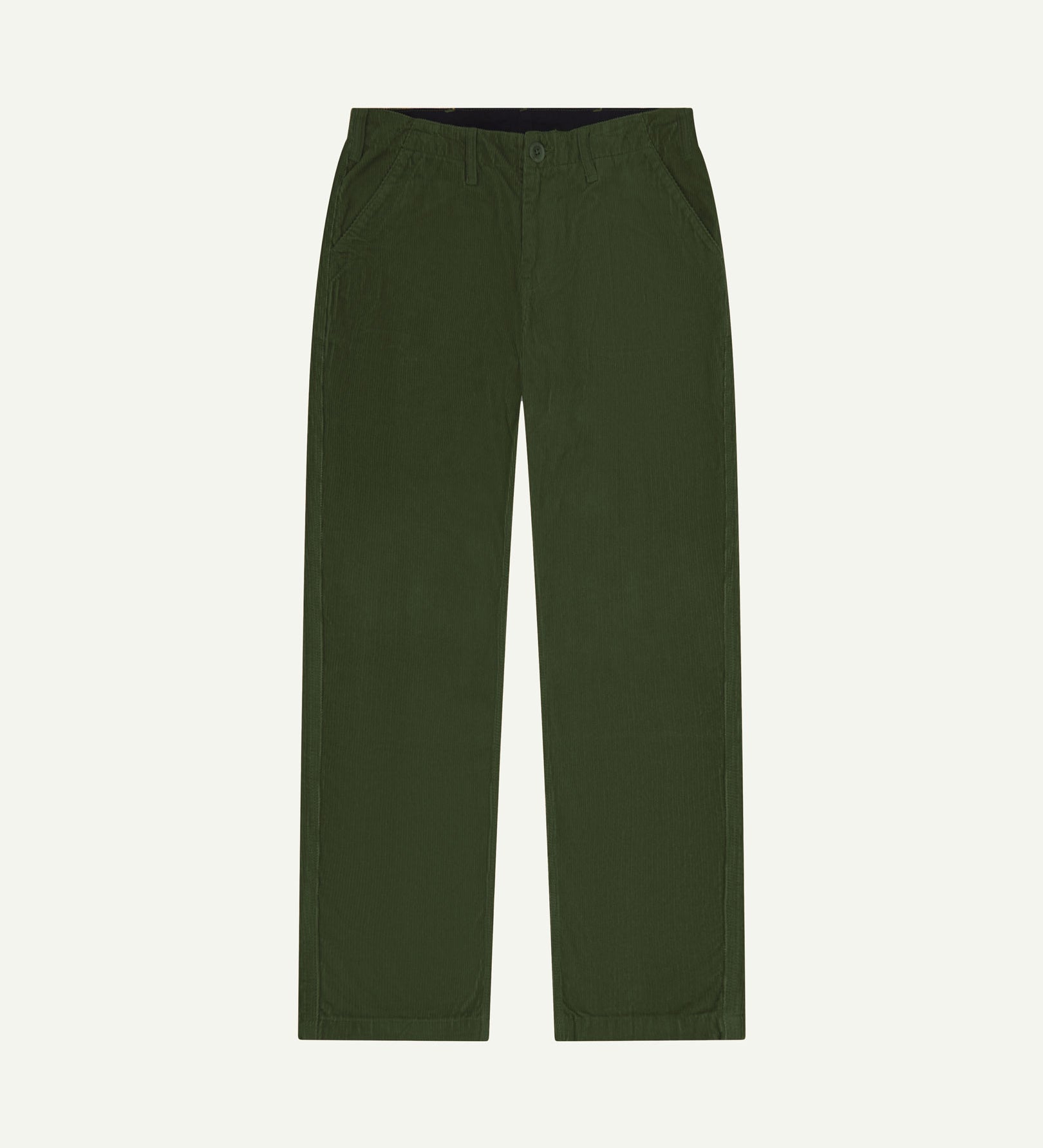 Front flat view of 5005 Uskees men's organic corduroy 'coriander' casual trousers with view of YKK zip fly and Corozo buttons.