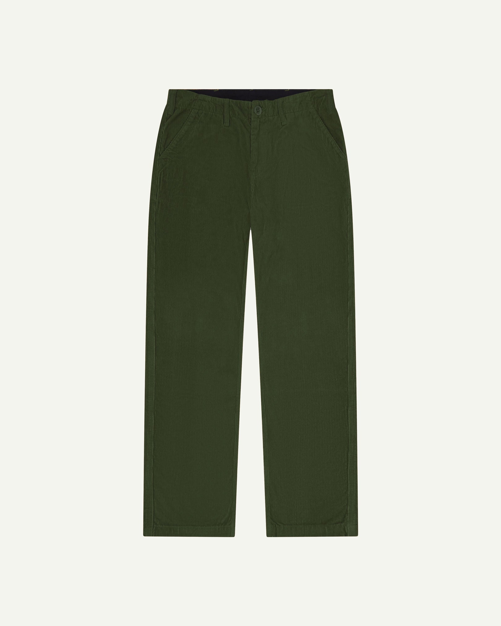Front flat view of 5005 Uskees men's organic corduroy 'coriander' casual trousers with view of YKK zip fly and Corozo buttons.
