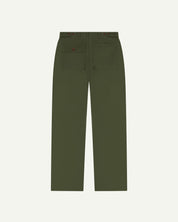 Full length back-view of coriander-green cotton 5005 trousers with view of rear pockets, belt loops and tapered leg fit.