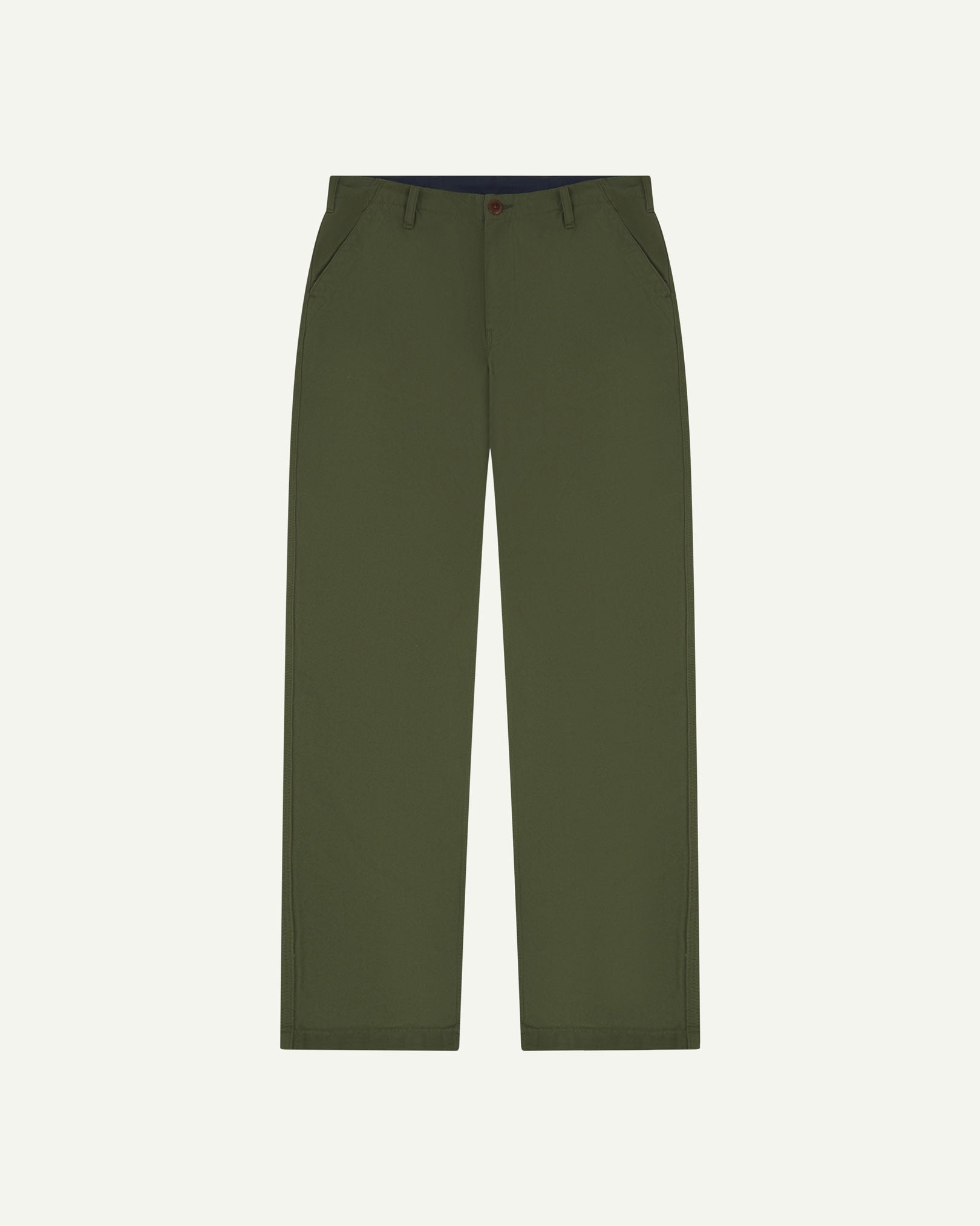 Front flat view of 5005 Uskees men's organic cotton coriander-green casual trousers with view of YKK zip fly and Corozo buttons.
