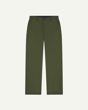 Front flat view of 5005 Uskees men's organic cotton coriander-green casual trousers with view of YKK zip fly and Corozo buttons.