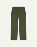 Front flat view of 5005 Uskees men's organic cotton coriander-green casual trousers with view of YKK zip fly and Corozo buttons.