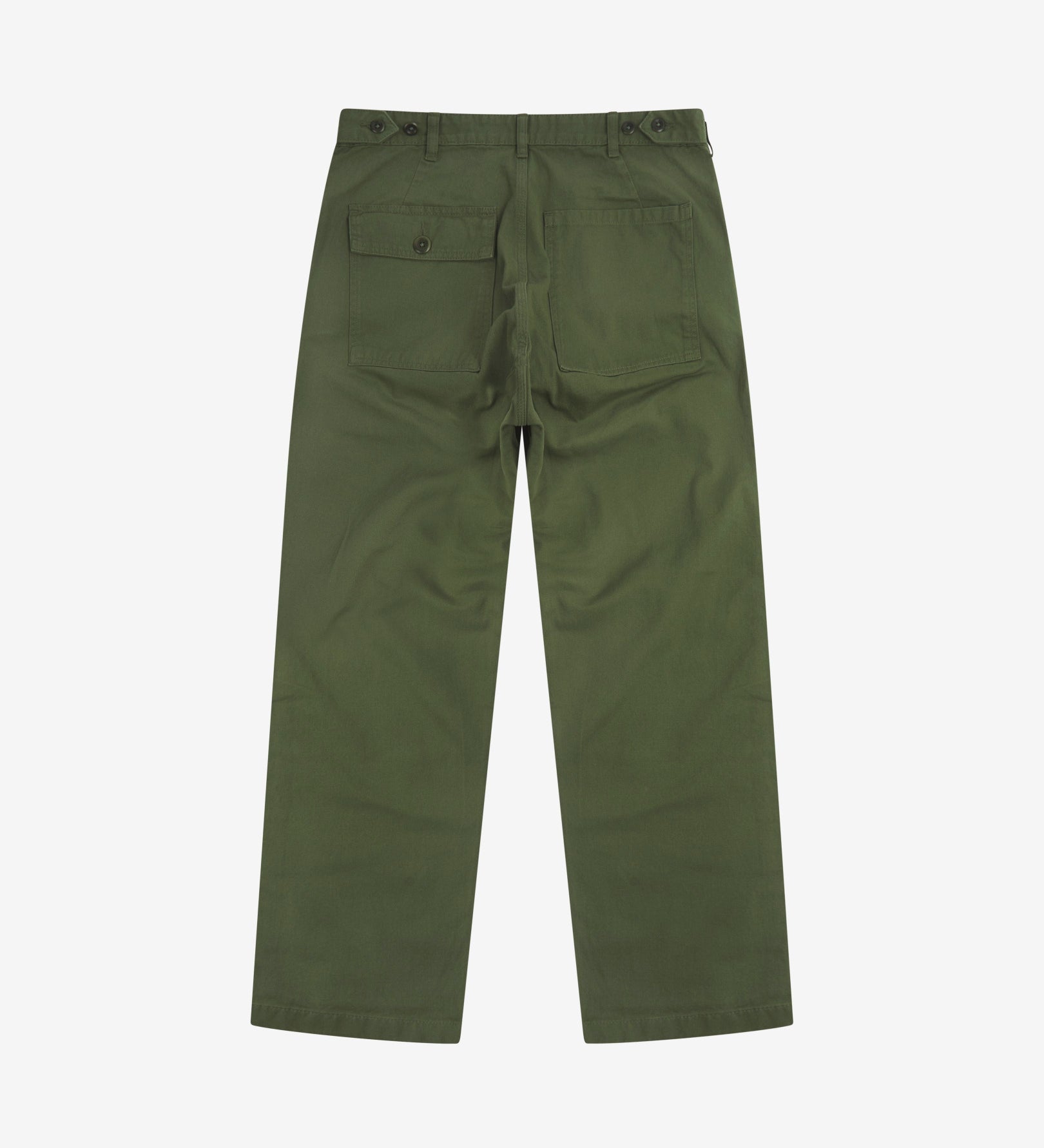 Full-length back view of Uskees 5005 twill workwear pants in coriander-green showing belt loops, back pockets (one with flap) and simple silhouette.