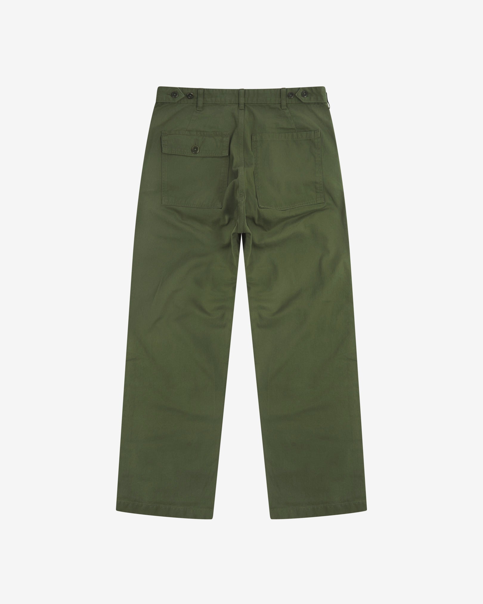 Full-length back view of Uskees 5005 twill workwear pants in coriander-green showing belt loops, back pockets (one with flap) and simple silhouette.