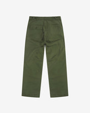 Full-length back view of Uskees 5005 twill workwear pants in coriander-green showing belt loops, back pockets (one with flap) and simple silhouette.