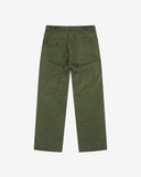 Full-length back view of Uskees 5005 twill workwear pants in coriander-green showing belt loops, back pockets (one with flap) and simple silhouette.