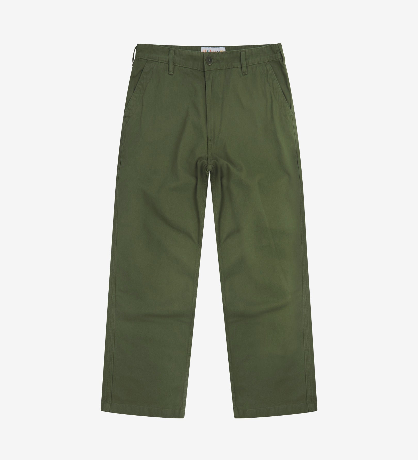 Full-length front view of Uskees twill workwear pants in coriander-green. Showing Corozo button fastening and tapered leg fit.