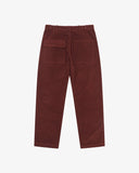 Back view flat shot of Uskees red wine colour corduroy trousers for men showing the back pockets.