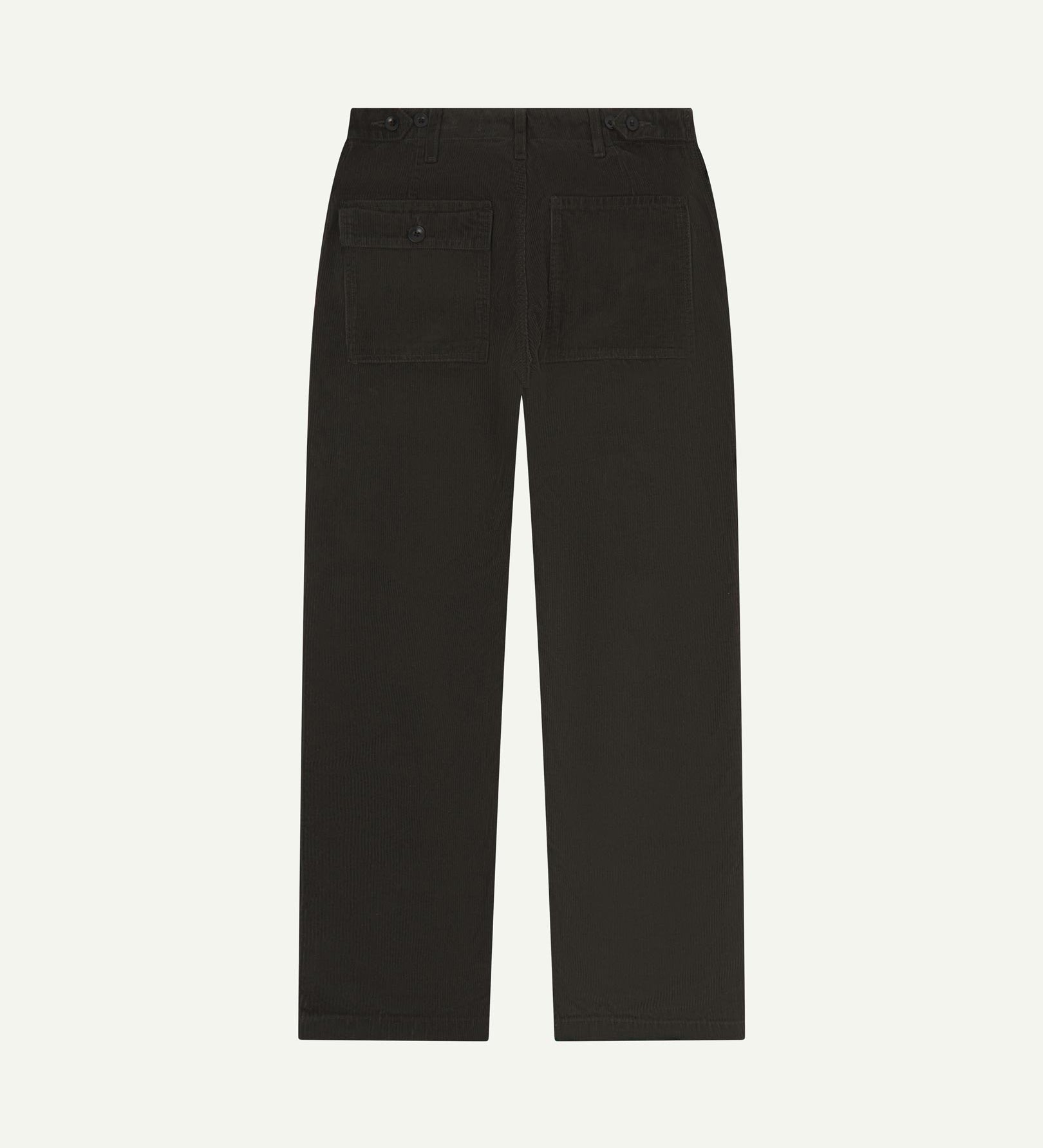 Full length back-view of faded black corduroy 5005 trousers with view of rear pockets, belt loops and tapered leg fit.