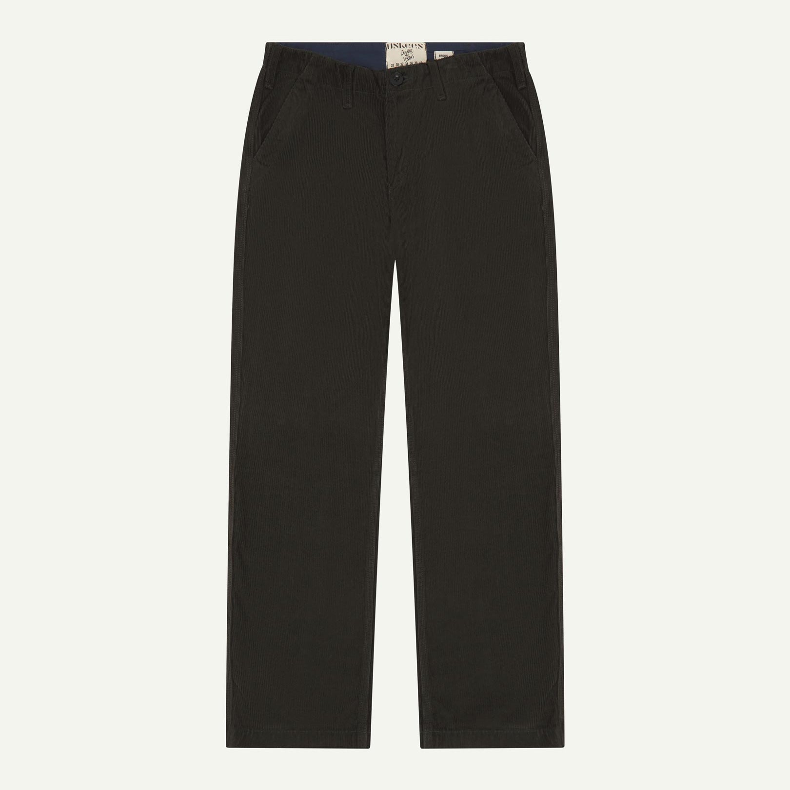 Front flat view of 5005 Uskees men's organic corduroy 'faded black' casual trousers with view of YKK zip fly and Corozo buttons.