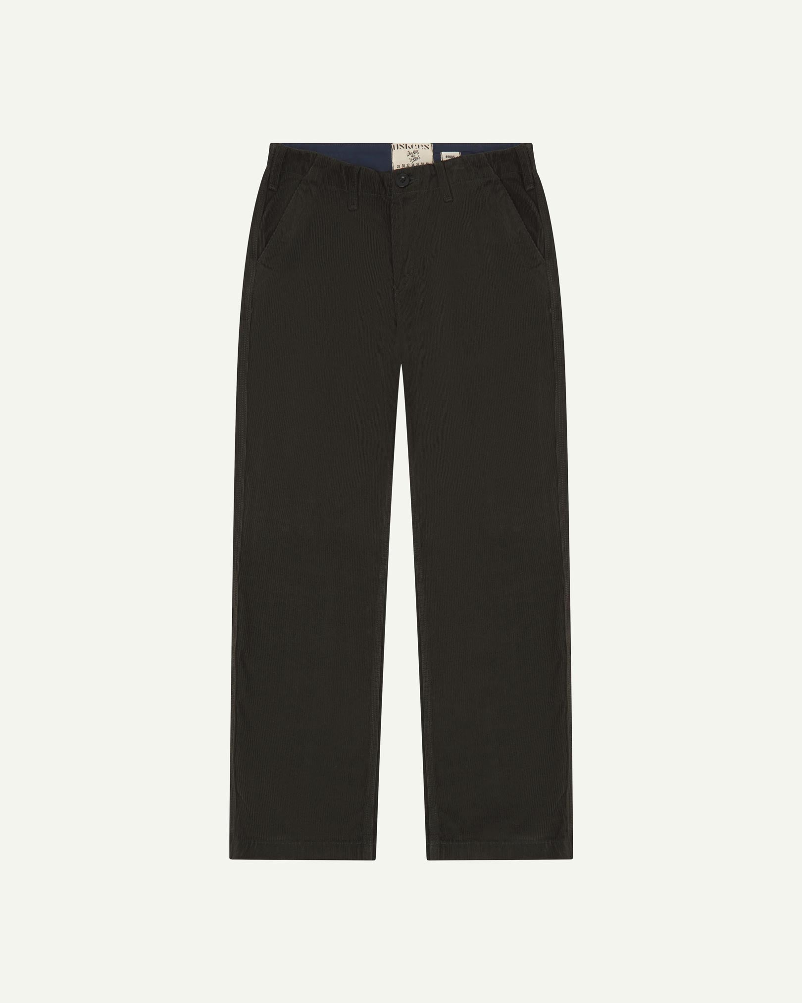 Front flat view of 5005 Uskees men's organic corduroy 'faded black' casual trousers with view of YKK zip fly and Corozo buttons.