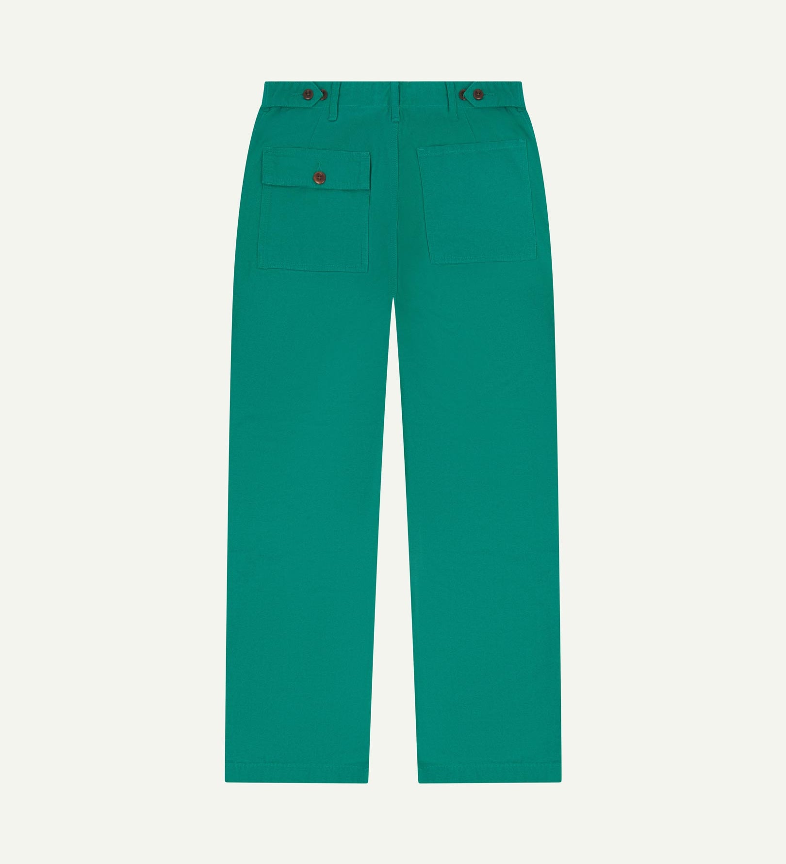 Full length back-view of foam green cotton 5005 trousers with view of rear pockets, belt loops and tapered leg fit.