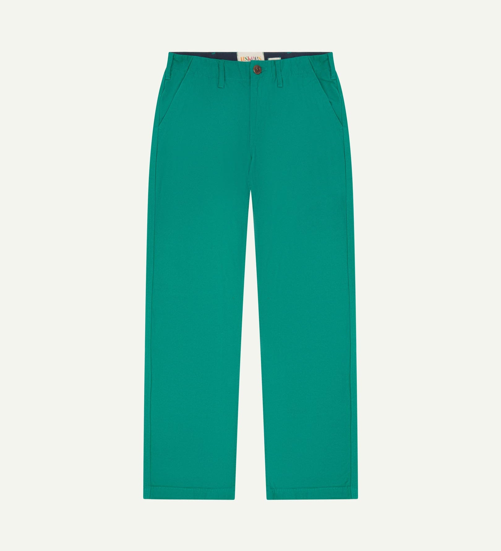 Front flat view of 5005 Uskees men's organic cotton foam green casual trousers with view of YKK zip fly and Corozo buttons.