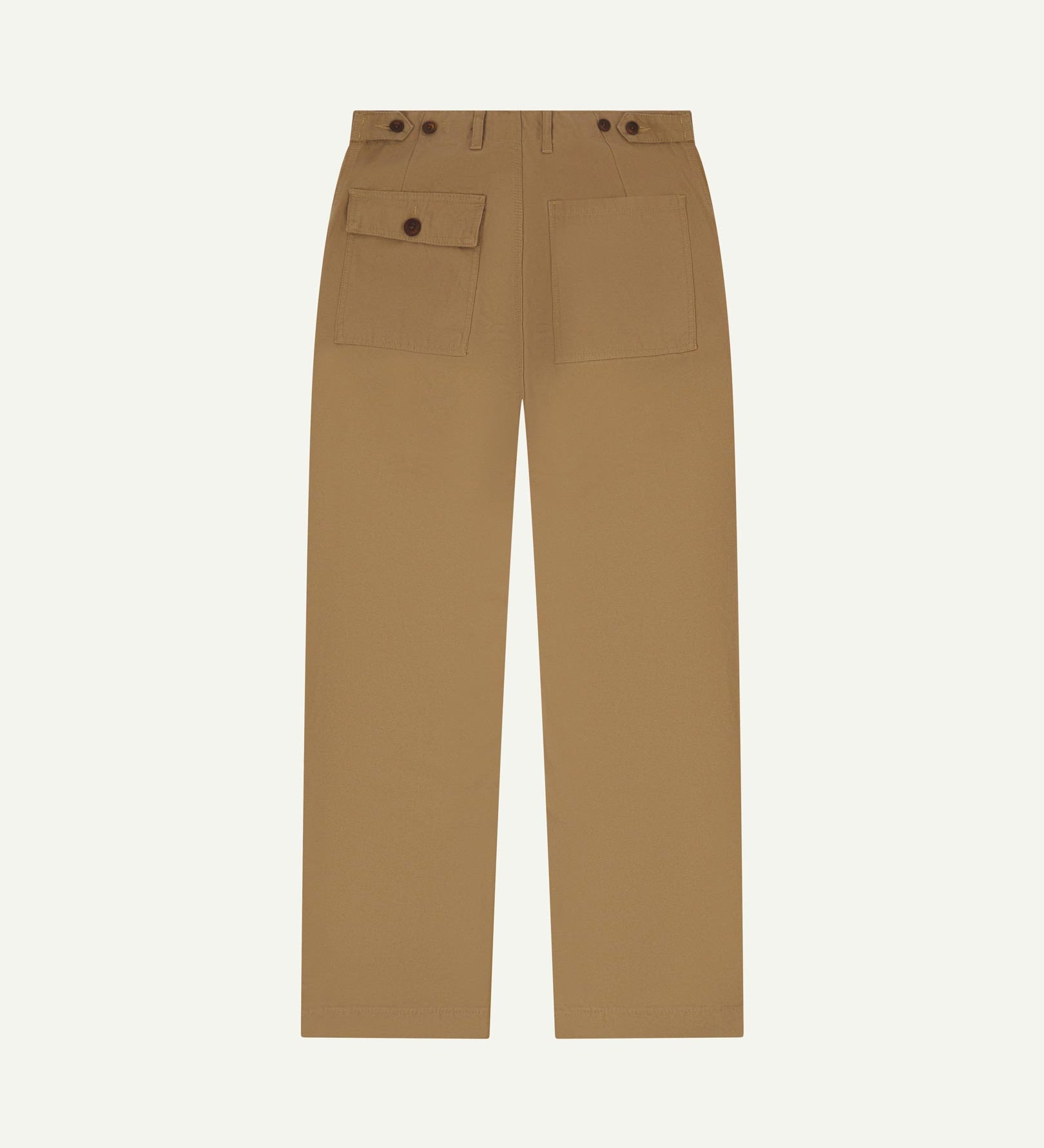 Full length back-view of khaki cotton 5005 trousers with view of rear pockets, belt loops and tapered leg fit.