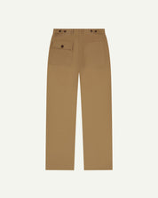 Full length back-view of khaki cotton 5005 trousers with view of rear pockets, belt loops and tapered leg fit.