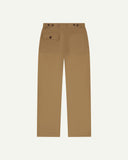 Full length back-view of khaki cotton 5005 trousers with view of rear pockets, belt loops and tapered leg fit.