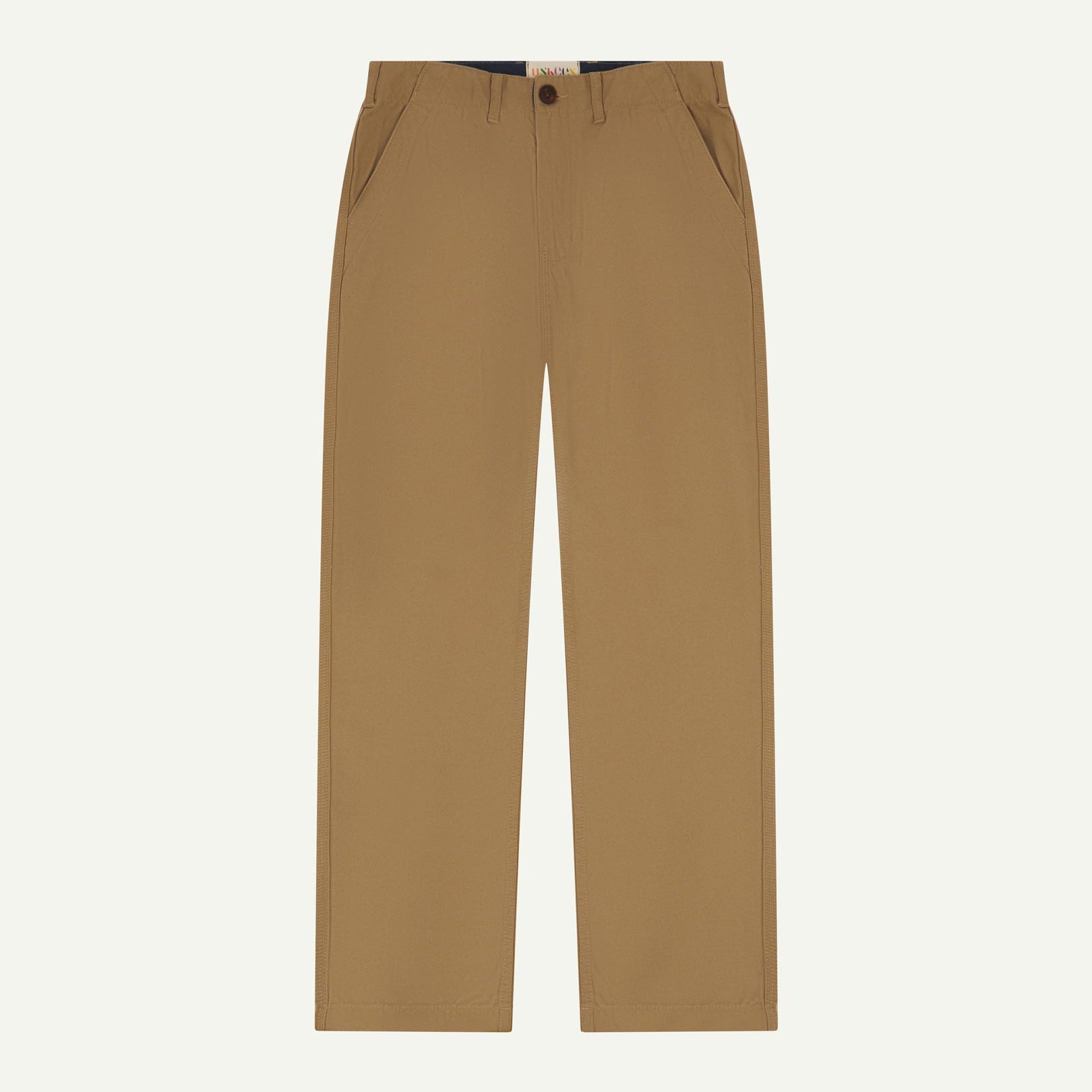 Front flat view of 5005 Uskees men's organic cotton khaki casual trousers with view of YKK zip fly and Corozo buttons.